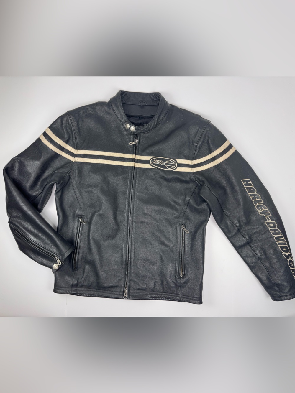 Vintage Harley-Davidson Black Leather Jacket with Cream Racing Stripes